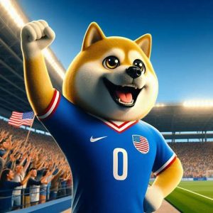Maxi Doge mascot cheering at a sports stadium